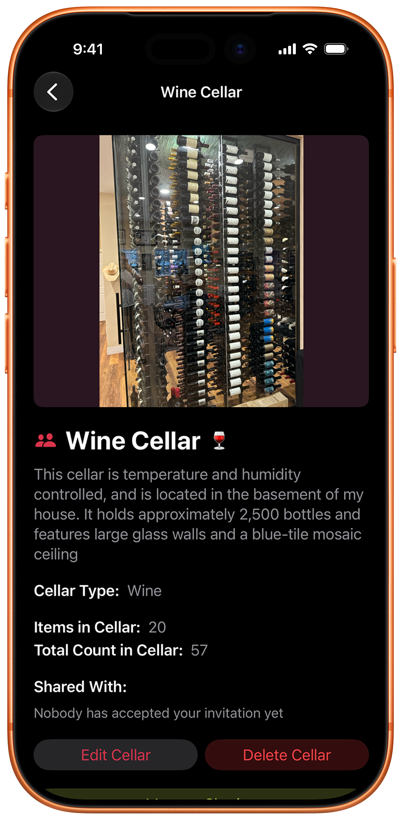 Cellarbot cellar overview screen with a photo, description, and item counts