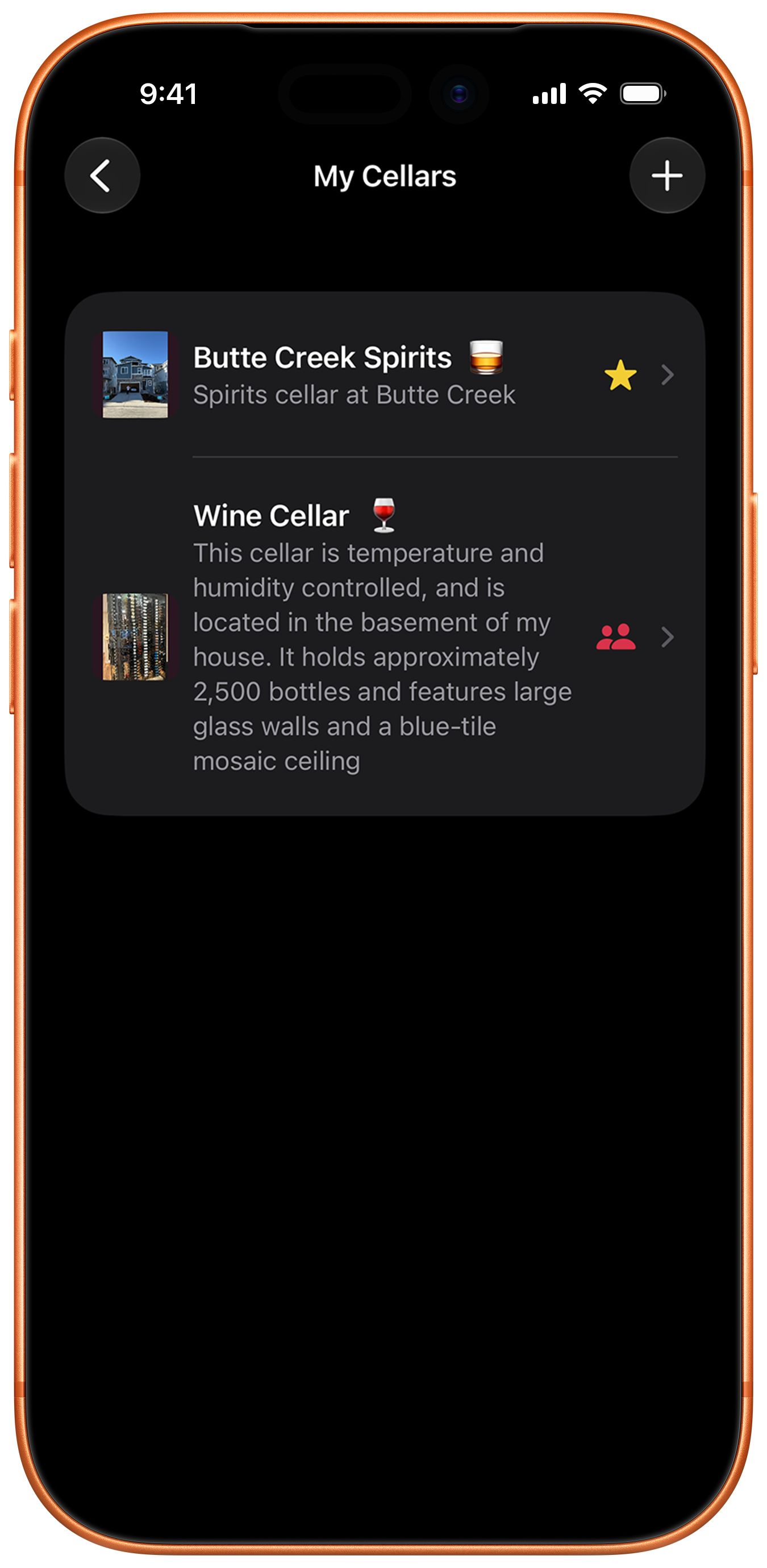 Cellarbot My Cellars screen listing a wine cellar and a spirits cellar