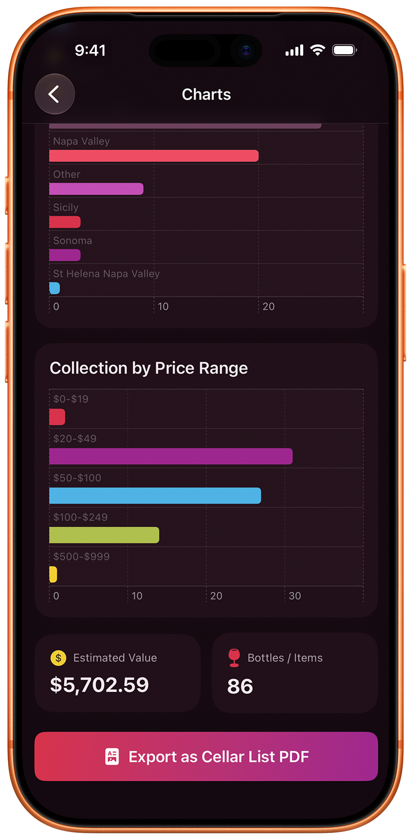 Cellarbot PDF export screen showing estimated value, bottle totals, and an Export as Cellar List PDF button