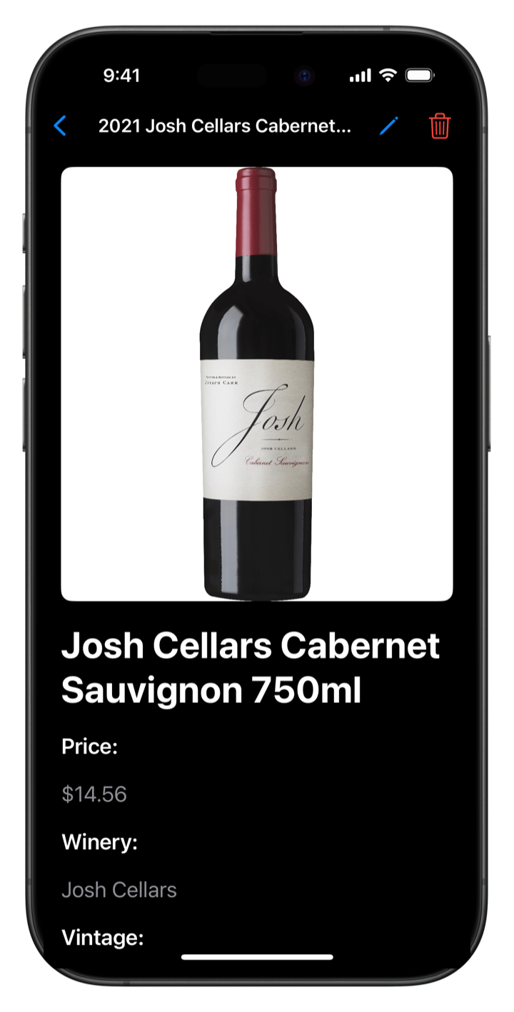 Cellarbot wine detail screen with vintage, variety, and value