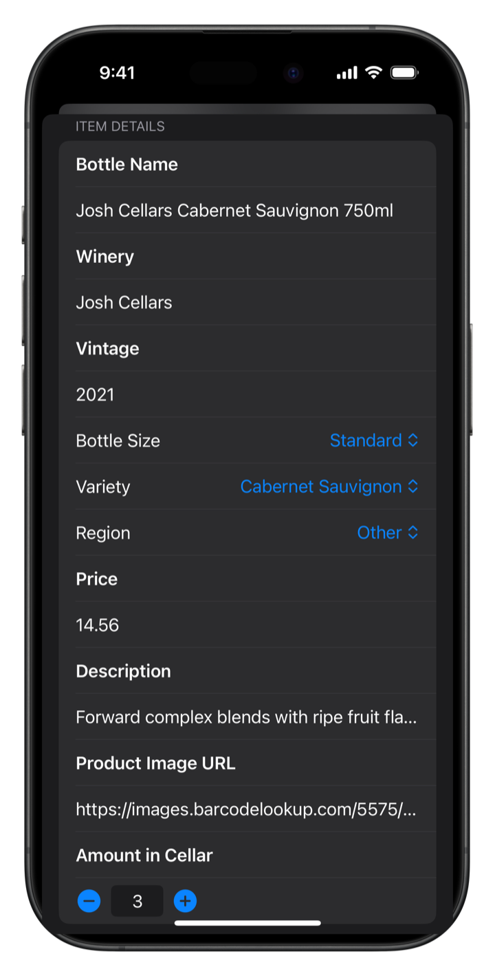 Cellarbot editing a bottle's details